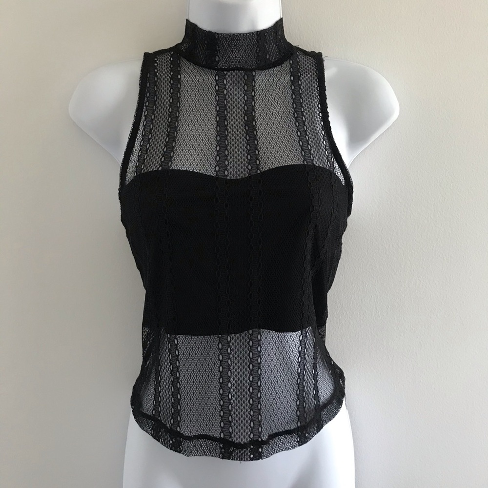 Dynamite Lace Sheer Choker Mock Neck Black Sleeveless Top with Camisole Tube Top - Picture 9 of 16